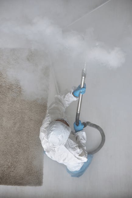 Close-up of a red handheld vacuum cleaner being used to clean a beige woven rug on a wooden floor in a room with natural lighting. The vacuum is positioned near a wooden sideboard, and a person’s ba